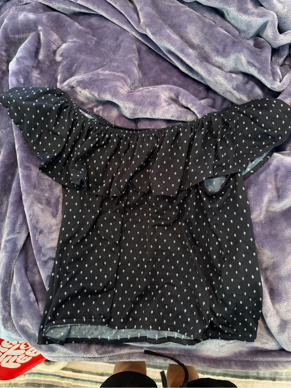 Off-Shoulder Black Ruffle Dot Blouse